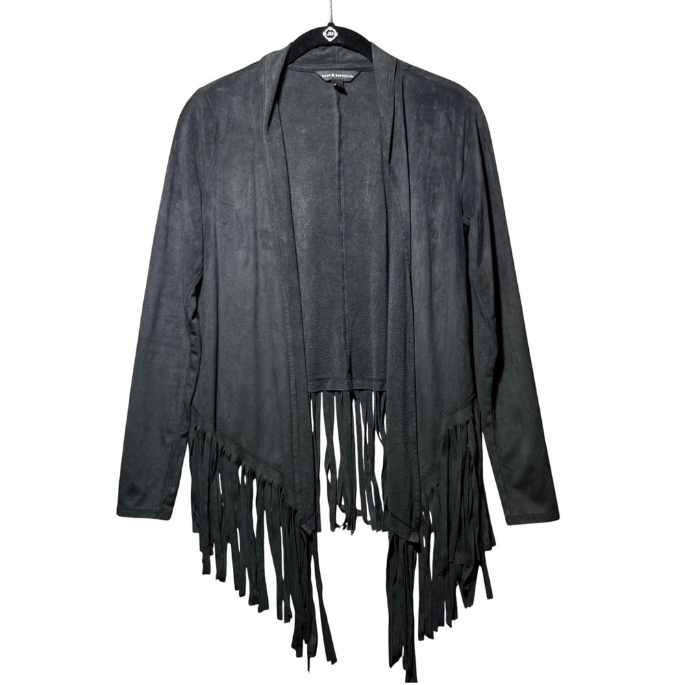 Rock & Republic Black Faux Suede Fringe Open Front Cardigan Jacket XS Waterfall